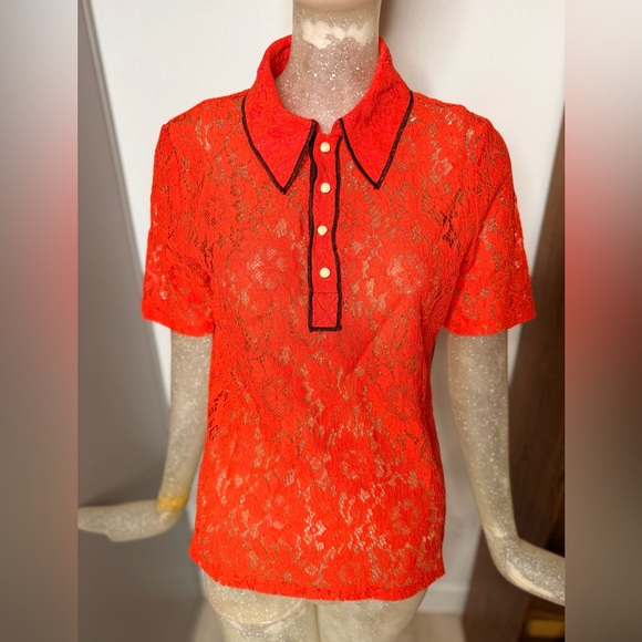 ❤️No. 6 Store Diedre Red Lace Polo Shirt w/ Button Down. Size Medium - Picture 4 of 11